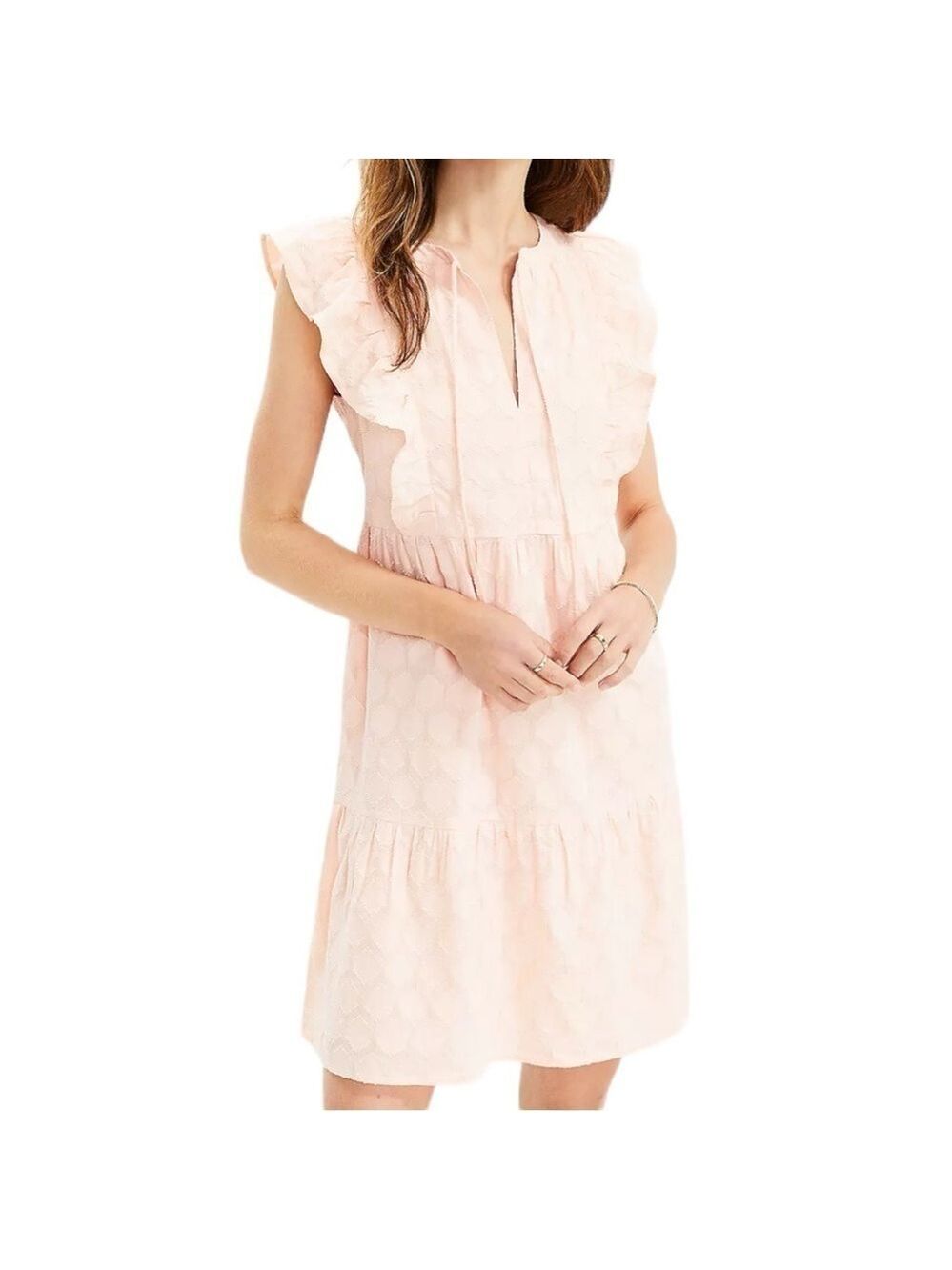 LOFT Shimmer Clip Ruffle Tie Neck Dress Peach Pink golden shimmer cotton Sz MP